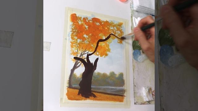 Осенний пейзаж акрилом. смотреть онлайн