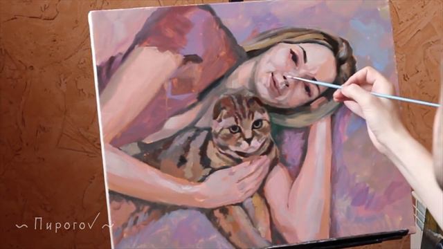 Портрет масляными красками девушки с котиком! Oil painting смотреть онлайн
