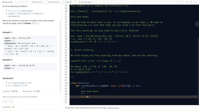 leetcode 1814. Count Nice Pairs in an Array - two solutions: 1. dict and check; 2. direct count смотреть онлайн