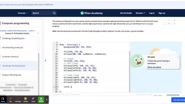 Khan Academy Challenge: Parting Clouds | Intro to JS: Drawing & Animation | Computer programming смотреть онлайн