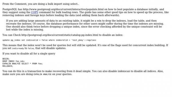 postgresql: How to disable all indexes of a table (2 Solutions!!)