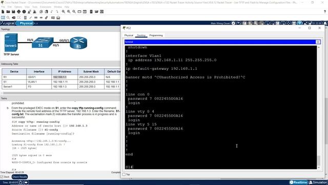10.6.12 Packet Tracer - Use TFTP And Flash To Manage Configuration Files - Physical Mode
