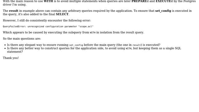 Databases: Unrecognized configuration parameter when using set_config(text, text, boolean) in CTE смотреть онлайн