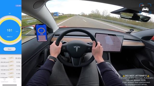 Tesla Model 3 Performance максимальная скорость автобан POV смотреть онлайн