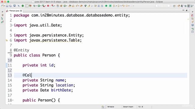 Spring framework Tutorial (125 Step 14 Defining Person Entity) смотреть онлайн
