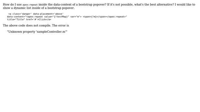 Salesforce: How do I use apex:repeat inside the data-content of a bootstrap popover? смотреть онлайн