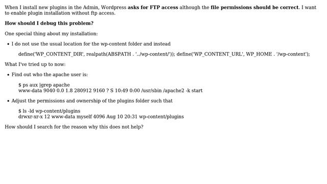Wordpress: Plugin installation works only with FTP - how to debug? смотреть онлайн