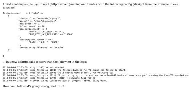 DevOps & SysAdmins: How can I debug what's causing lighttpd errors with fastcgi? смотреть онлайн