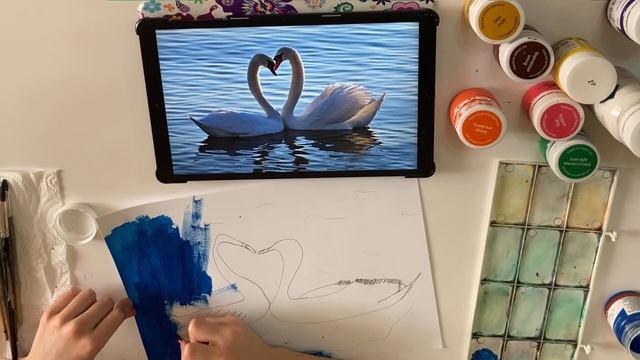 Рисуем лебедей гуашью! смотреть онлайн