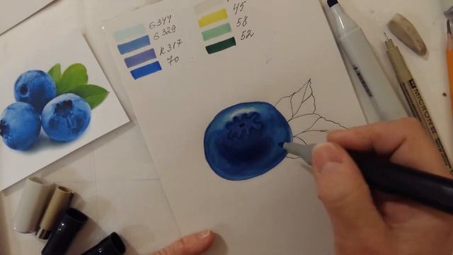 Скетчинг маркерами. Передача свето-тени. Рисуем чернику. Часть 1. смотреть онлайн