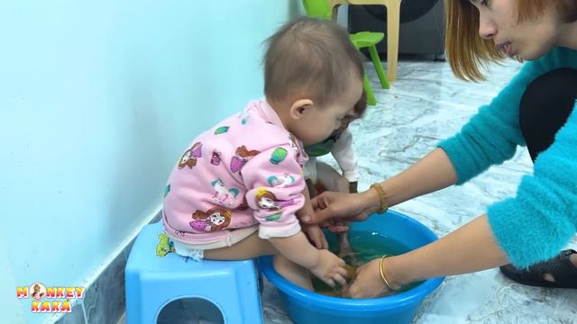 Monkey KaKa And Diem Together Soak Their Feet In Herbal Water