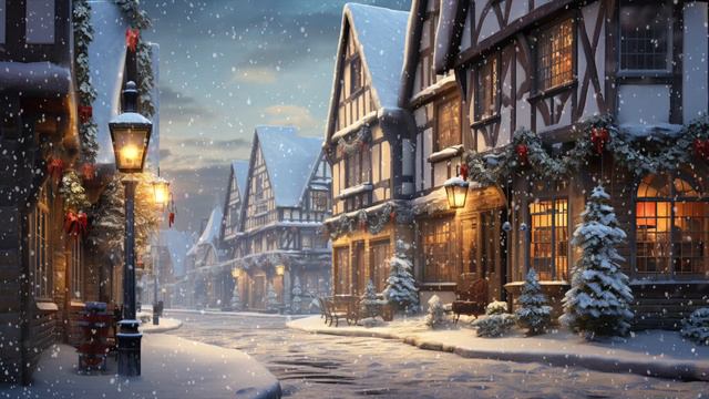 🎄 Festive Christmas Music Ambience ❄️   Soft Jazz Piano, Snowfall, Old English Houses   Sleep, Rela