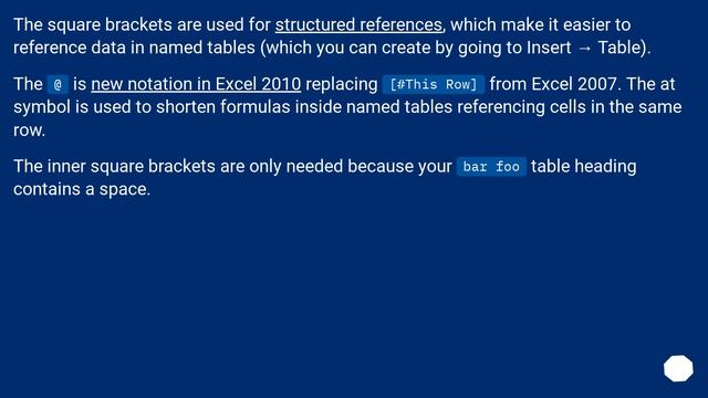 What does the [@[bar foo]] operator do in Excel, in particular the at sign? смотреть онлайн