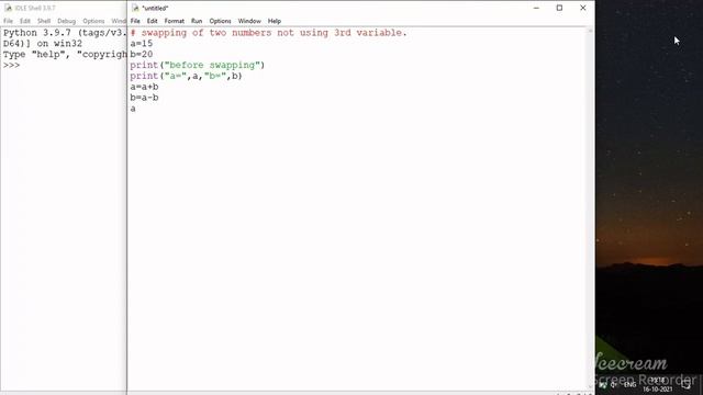In Python swapping of two number not using third variable | IDLE SHELL | full code with output смотреть онлайн