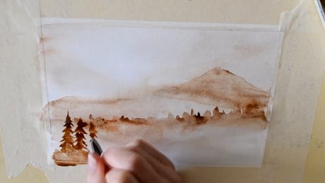 Акварель, горы, ёлки. Пейзаж в технике гризайль. Подробное видео смотреть онлайн