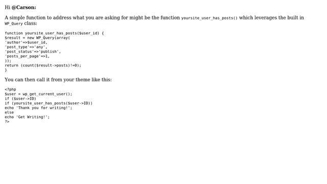 Wordpress: Display text if current user has written 1 or more posts in a custom post type смотреть онлайн