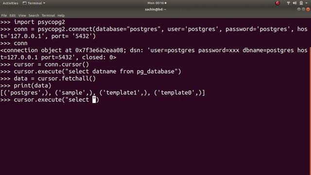 Python PostgreSQL10 Psycopg2 Connector perform create, update , insert , select operations. смотреть онлайн