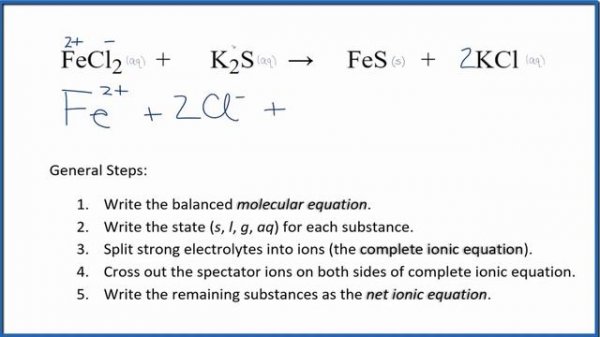 How to Write the Net Ionic Equation for FeCl2 + K2S = FeS + KCl