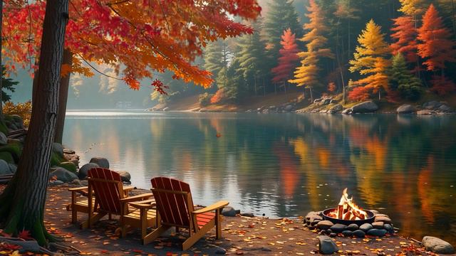 Autumn Morning Space Lakeside ~ Campfire Sound + Chirping Birds Help Reduce Stress And Sleep Deeply🍂