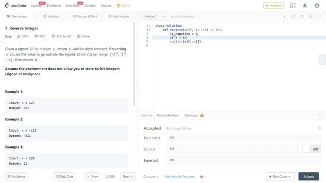Leetcode 7. Reverse Integer in Python 3 смотреть онлайн