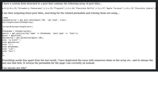 Wordpress: Get_posts Post Title Permalink Not Working For Last Item In Array