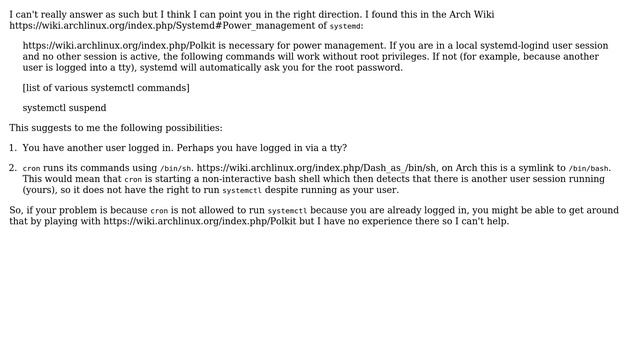Unix & Linux: command not running in cron (systemctl suspend) (4 Solutions!!) смотреть онлайн