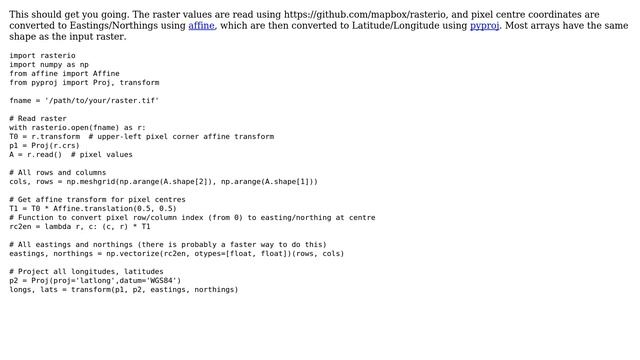 Obtain coordinates and corresponding pixel values from GeoTiff using python gdal and save them... смотреть онлайн