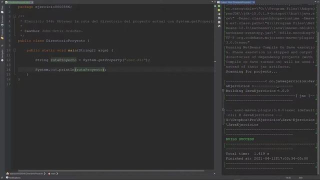 Java Ejercicio: 546 Obtener Ruta Directorio del Proyecto Actual con la Función System.getProperty() смотреть онлайн