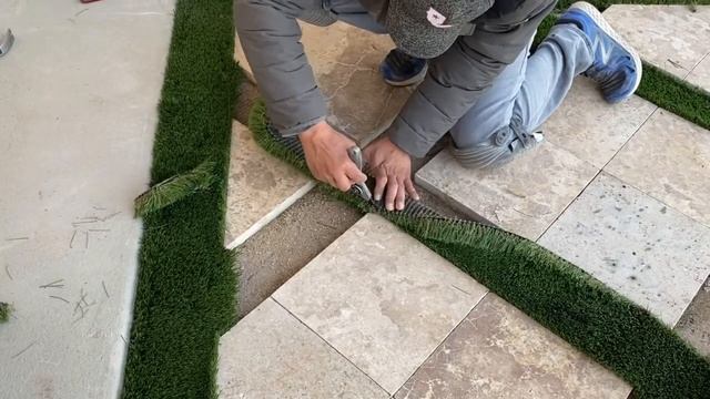Travertine Pavers With Grass Walkway