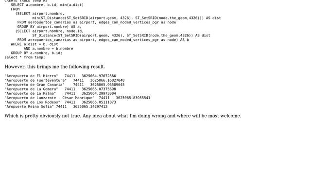 pgrouting/PostGIS Trying to set nearest node to airports in a region brings the same node for... смотреть онлайн