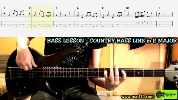 COUNTRY BASS LINE Lesson TAB & Backing Track - Easy Beginner Country Electric Bass - E Major
