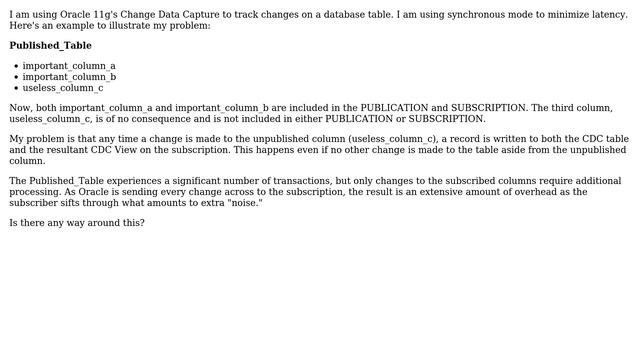 Databases: Oracle Change Data Capture: Unsubscribed column results in change set record смотреть онлайн