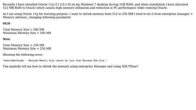 Unable to shrink memory allocated to Oracle 11g смотреть онлайн