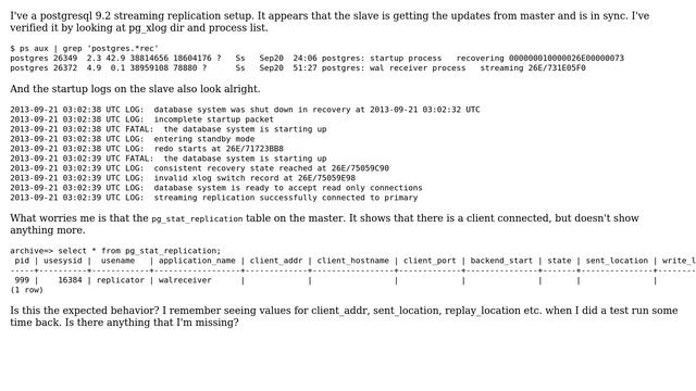 Databases: postgresql replication - pg_stat_replication is showing empty columns смотреть онлайн
