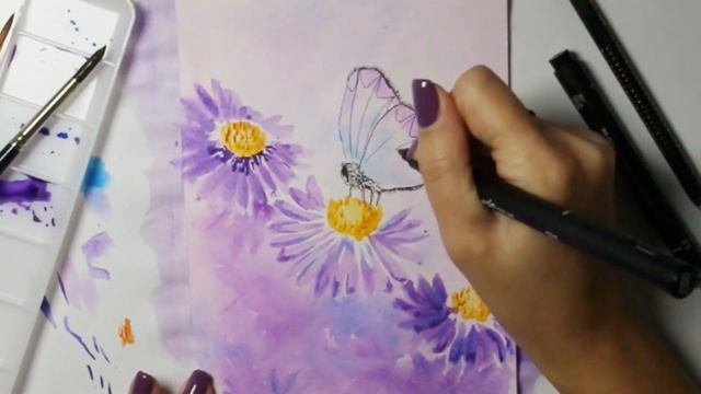 Purple Butterfly. Drawing video Relax . Purple Watercolor and Black Liner смотреть онлайн