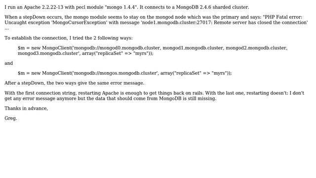 Why mongo pecl module looses its connection after Primary stepDown? смотреть онлайн
