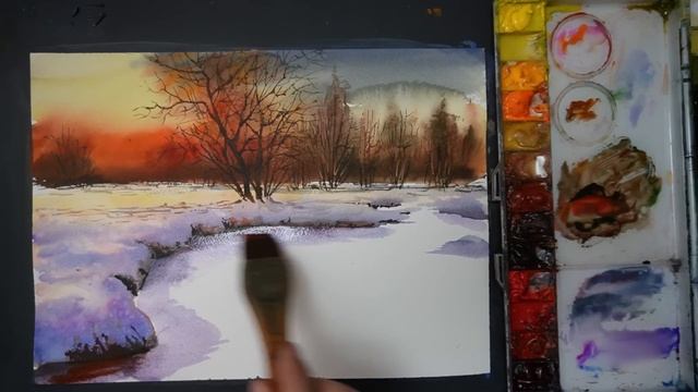 How to paint a watercolor winter sunset scene смотреть онлайн