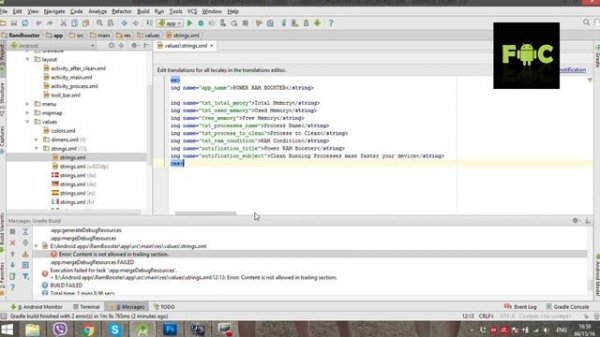How to Fix: Content is not allowed in trailing section - Android Studio