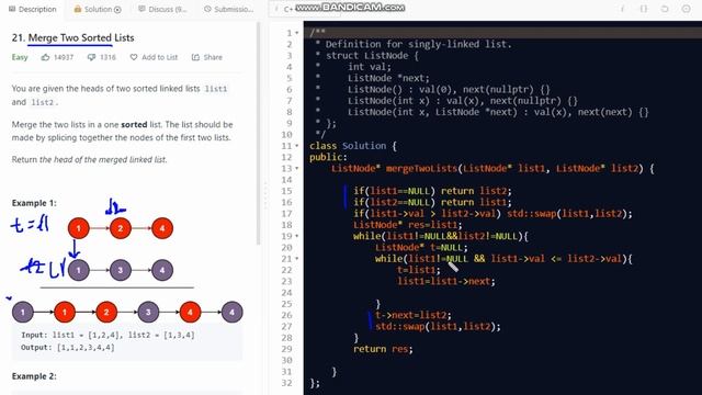 Leetcode problem-21| merge two sorted lists | Explain using Dry Run ! | C++ | how the code works ? смотреть онлайн