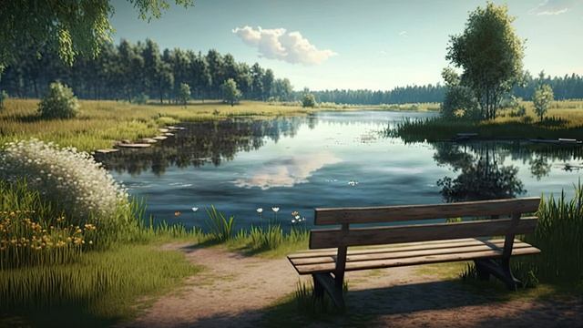 Побег в летнюю безмятежную атмосферу отдых на скамейке в парке у озера под щебетание птиц смотреть онлайн