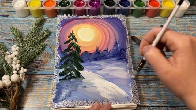 Яркий зимний пейзаж гуашью. Мастер-класс по рисованию. смотреть онлайн