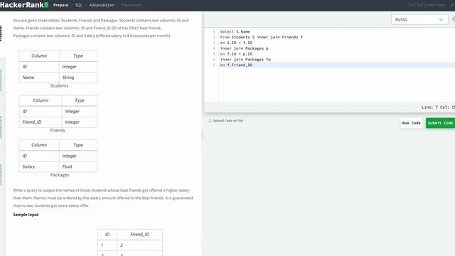 Hackerrank SQL Solution #11 Intermediate SQL - Placements смотреть онлайн