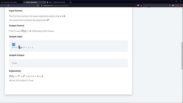 Python Ejercicio: 1090 HackerRank Evaluar un Polinomio Dada una Variable x y una Constante k смотреть онлайн