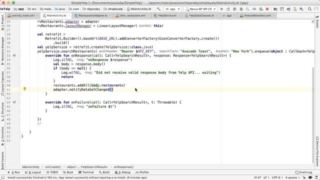 Build a Yelp Clone in Android Ep 5 Recycler View- Retrofit Networking in Kotlin Android Studio смотреть онлайн