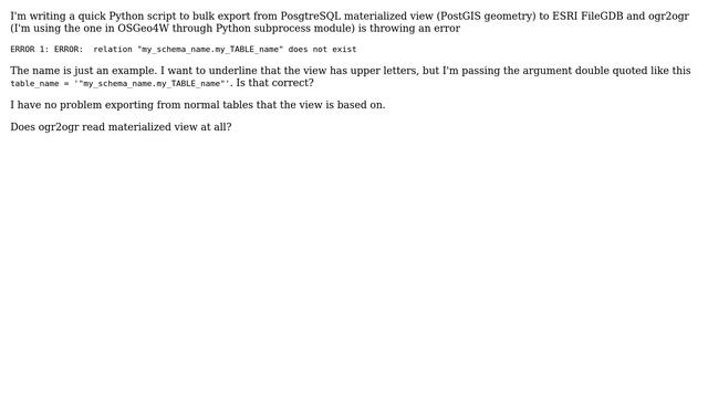 GIS: Can ogr2ogr read from PostgreSQL materialized view? смотреть онлайн