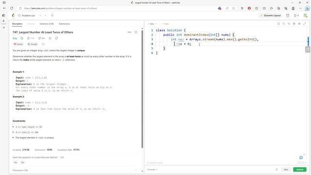 LeetCode 747 | Largest Number At Least Twice of Others | Array | Java смотреть онлайн