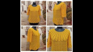 Летнее платье крючком с круглой кокеткой "Канарейка".Часть 2. Обработка горловины и вязание рукавов
