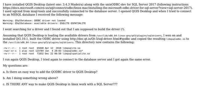 Error QODBC driver not loaded when trying to connect to an MSSQL database from QGIS 3.4.3 (Ubuntu) смотреть онлайн