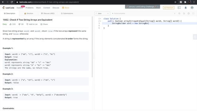 Check if two string arrays are equivalent - leetcode solution | Java | easy explanation смотреть онлайн