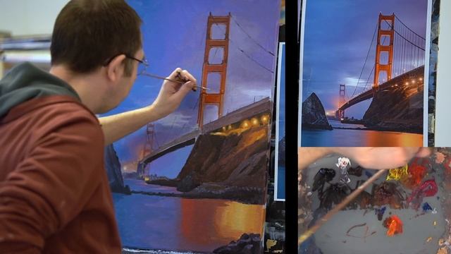 Painting The Golden Gate Bridge With Acrylics. Acrylic Painting Tutorial.